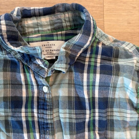 Trovata Birds of Paradis Green Navy Plaid Button Front Shirt Hi-Low Size Small - Picture 5 of 6